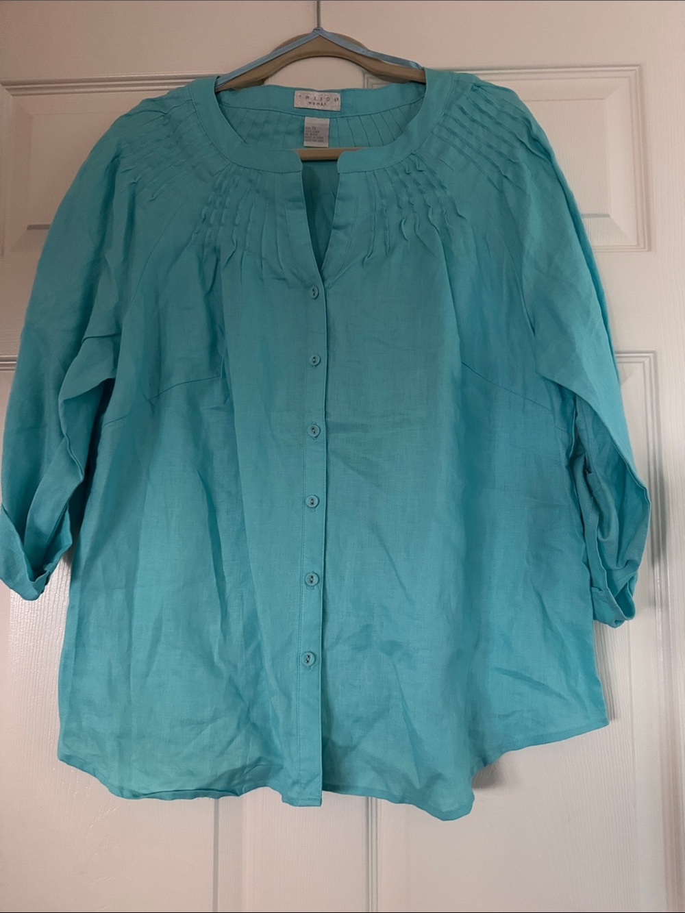 Turquoise Pintuck Button-Front Women's Shirt 100% Linen